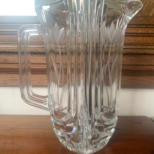 Vintage MCM Large Crystal Glass Pitcher, Large Crystal Glass Jug, Vintage Large Crystal Glass Pitcher