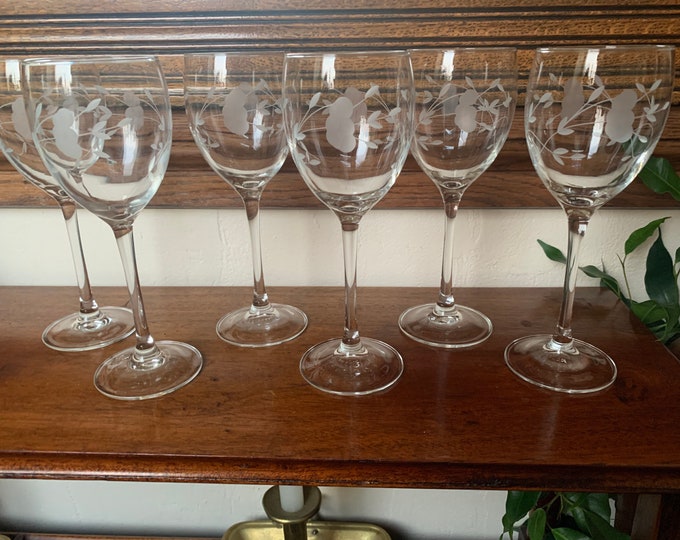 Vintage Etched Wine Glasses, Set of Six Tall Etched Wine Glasses