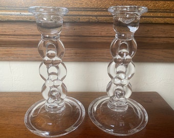 Vintage Glass Candle Holders, Pair Moulded Glass Candlesticks