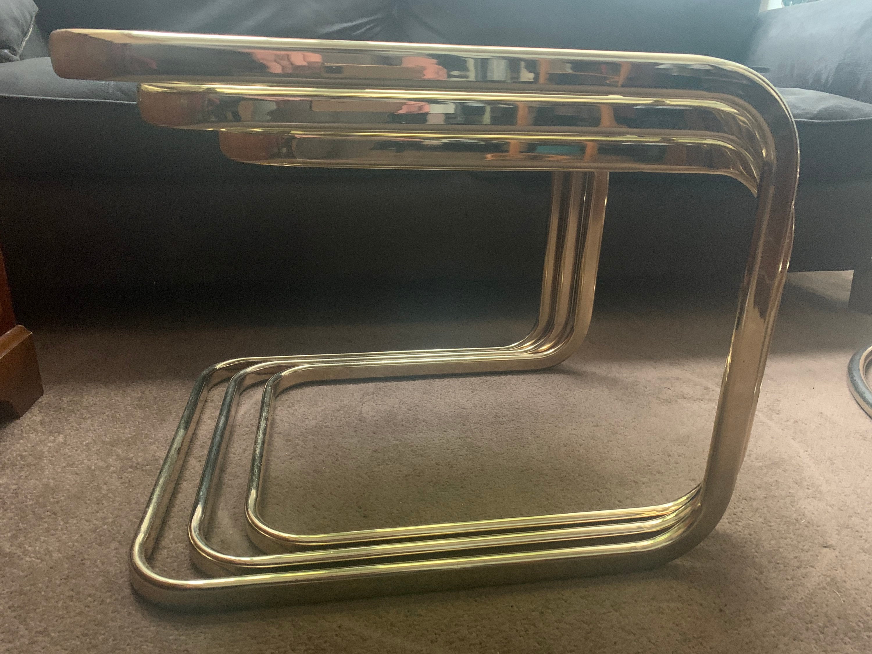 Vintage MCM Brass Smoked Glass Nest of Tables Brass Nesting