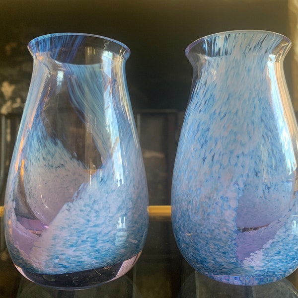 Rare Blue & Lilac Mottled Swirl Caithness Glass Vases, Blue And Lilac Caithness Rondo Glass Vases, Caithness Blue And Lilac Glass