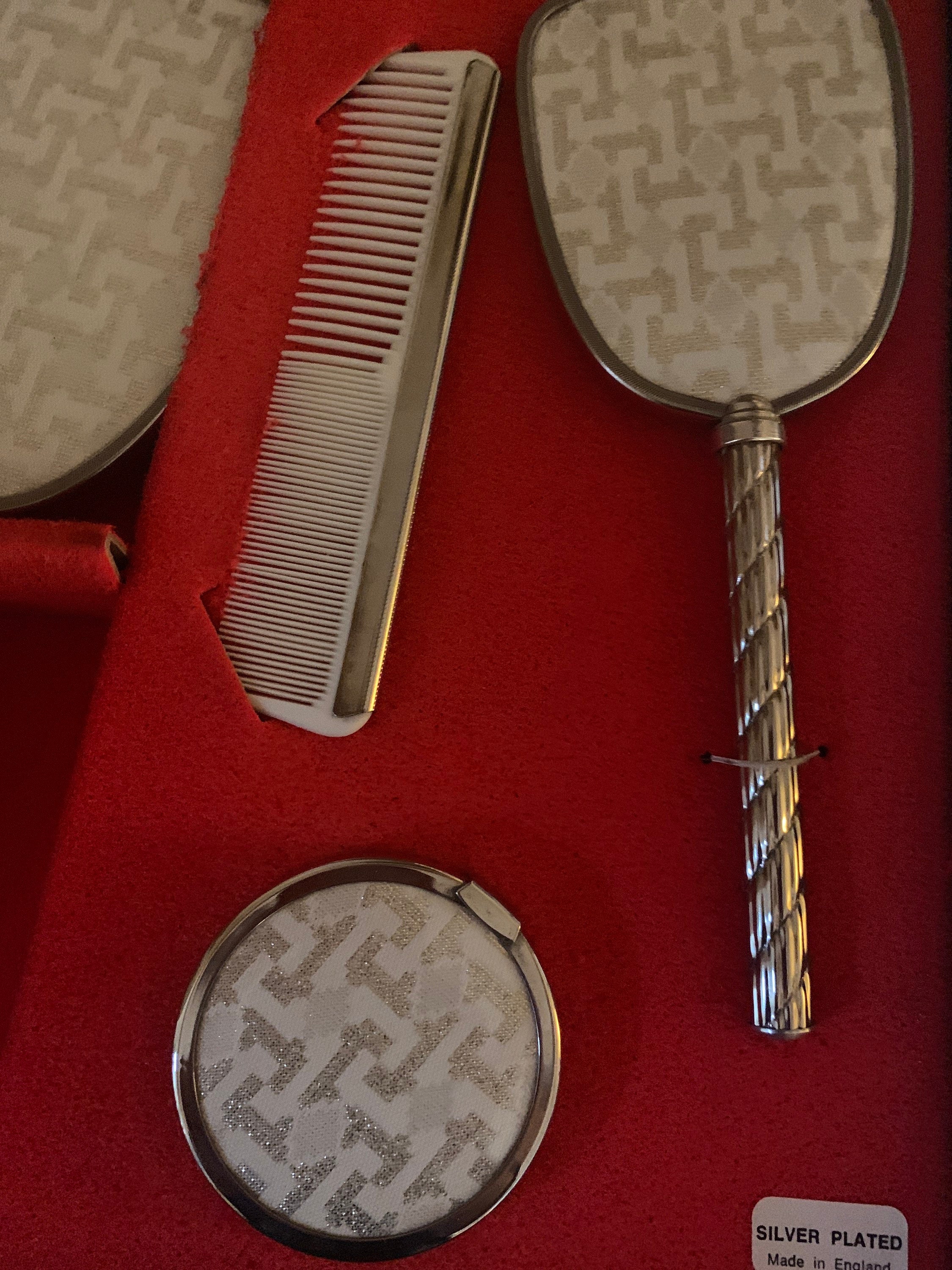 silver plated dressing table set Vintage Silver Plate Vanity Dresser Set Matching Hand Mirror Brush Comb Tray Raised Relief Scroll Floral Design Victorian Style Home Decor