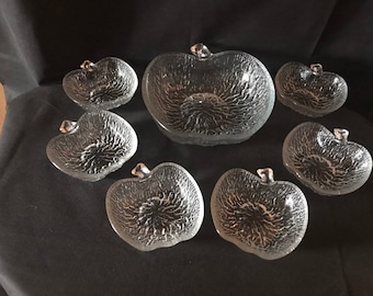 Retro Clear Textured Apple Shaped Glass Set, 7 Pce Apple  Dessert Set, Ravenhead Glass Dessert Bowls, 1970’s Dessert Bowls