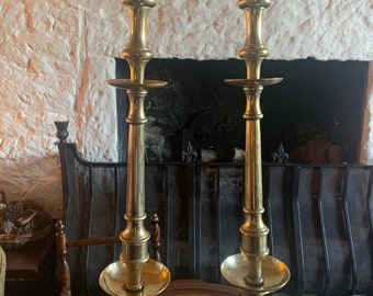Antique Large Solid Brass Candlesticks Converted To Lamps, Antique Brass Candle Lamps, Antique Heavy Brass Lamps
