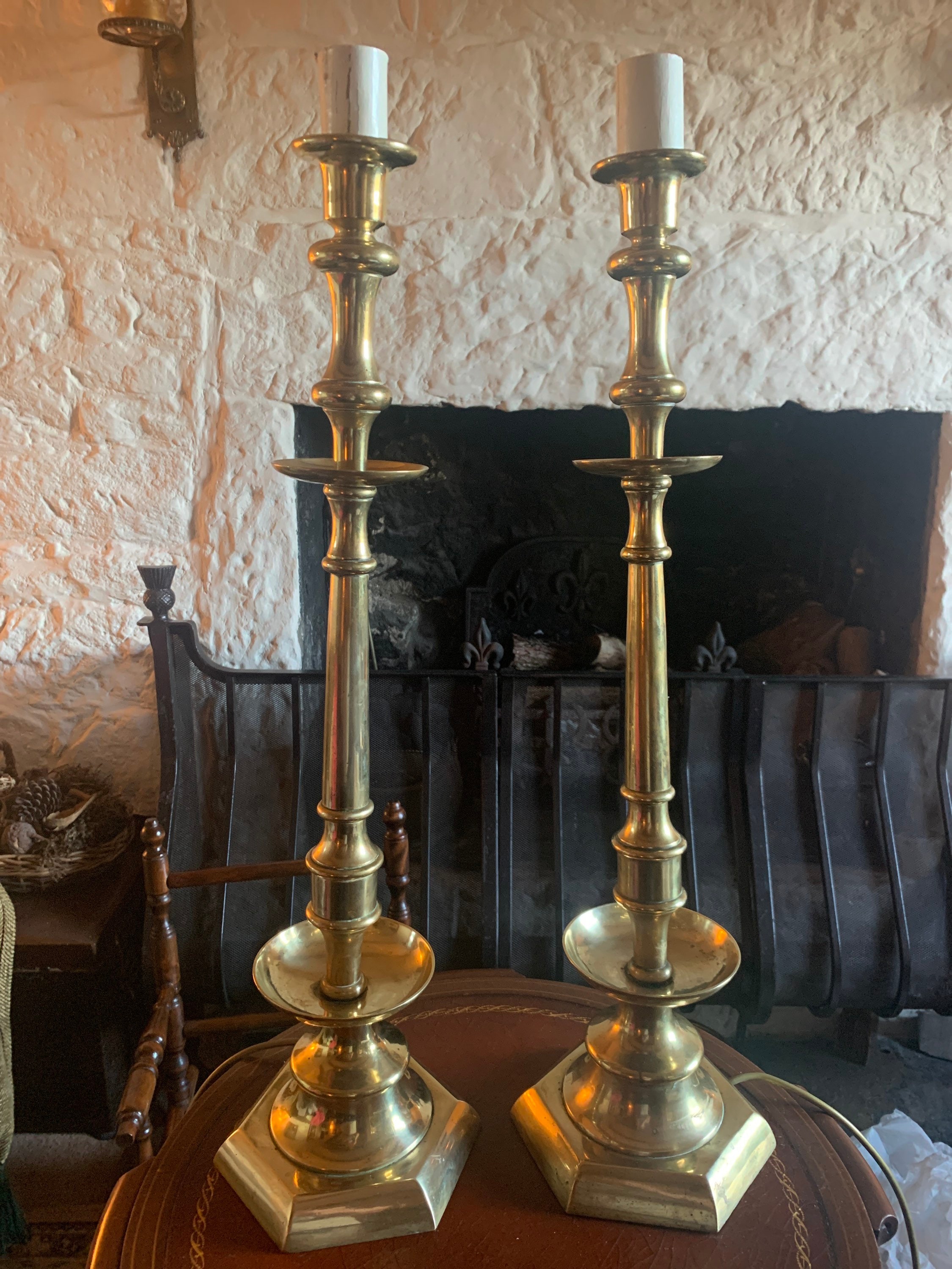 Antique Large Solid Brass Candlesticks Converted to Lamps, Antique