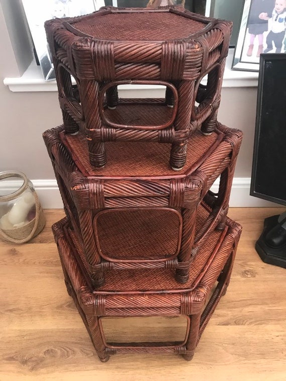 Vintage Rattan Nesting Tables Rattan Hexagonal Tables MCM Tables