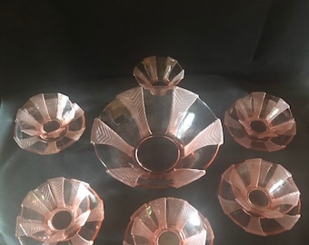 Art Deco Pink Pressed Glass Dessert Set, Fruit Set, Pudding Bowls