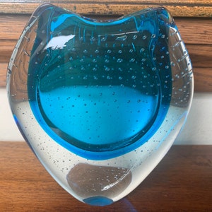 Vintage MCM Blue & Clear Art Glass Vase, Vintage Art Glass Vase, Retro 1960s Art Glass Vase, Vintage Bolle Glass Vase, Czech Bullicante Vase