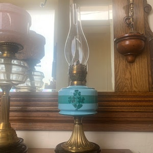 Antique Hand Painted Blue Glass Oil Lamp - Art Nouveau Oil Lamp - Victorian Oil Lamp - Antique Hand Painted Oil Lamp