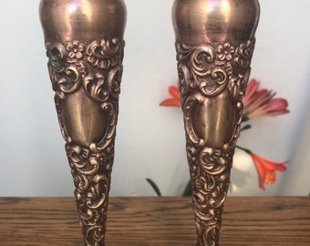 Antique Art Nouveau Repousse Copper Brass Vases, Spill Vases