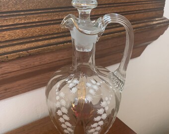 Vintage Hand Painted Glass Decanter, Glass Wine Decanter, Glass Pitcher