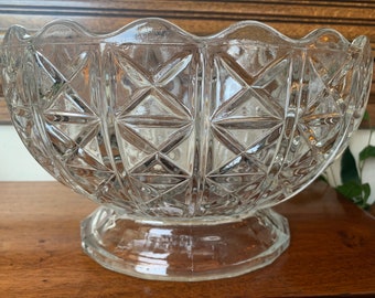 bol en cristal vintage, bol en cristal vintage lourd taille profonde, grand bol à pieds en cristal, grand bol ovale à pieds en cristal lourd