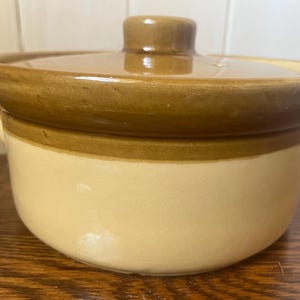 May include: A ceramic lidded casserole dish in tan and brown. The dish has a rounded shape, a lid, and small handles. The lid features a small knob for easy handling. The dish is on a wooden surface. The dish is suitable for cooking and serving.