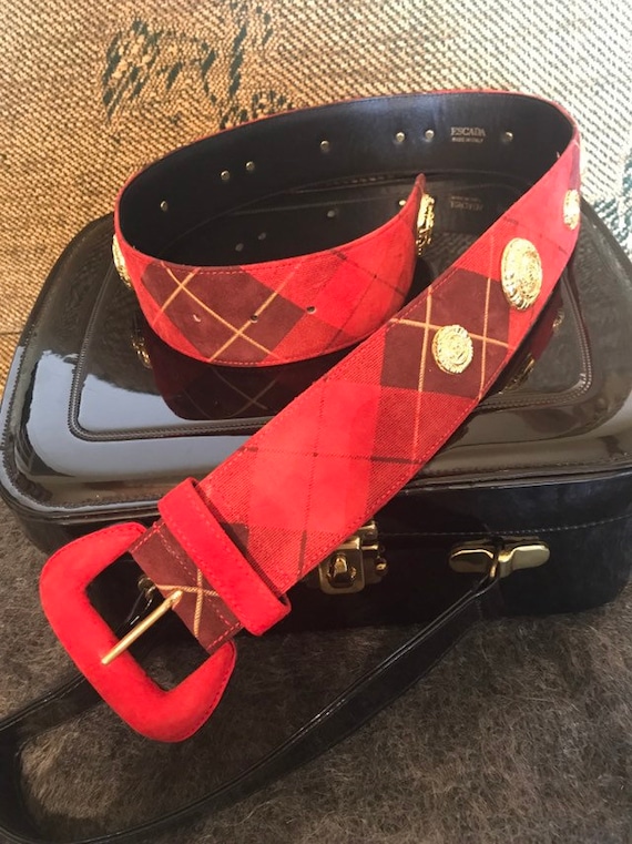 Vintage Escada Red Tartan Suede Belt, Designer Be… - image 1