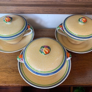 Art Deco Booths Vintage Lidded Soup Cups & Saucers