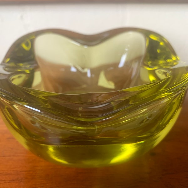 Murano Green Uranium Glass Ashtray, Heavy Art Glass Ashtay