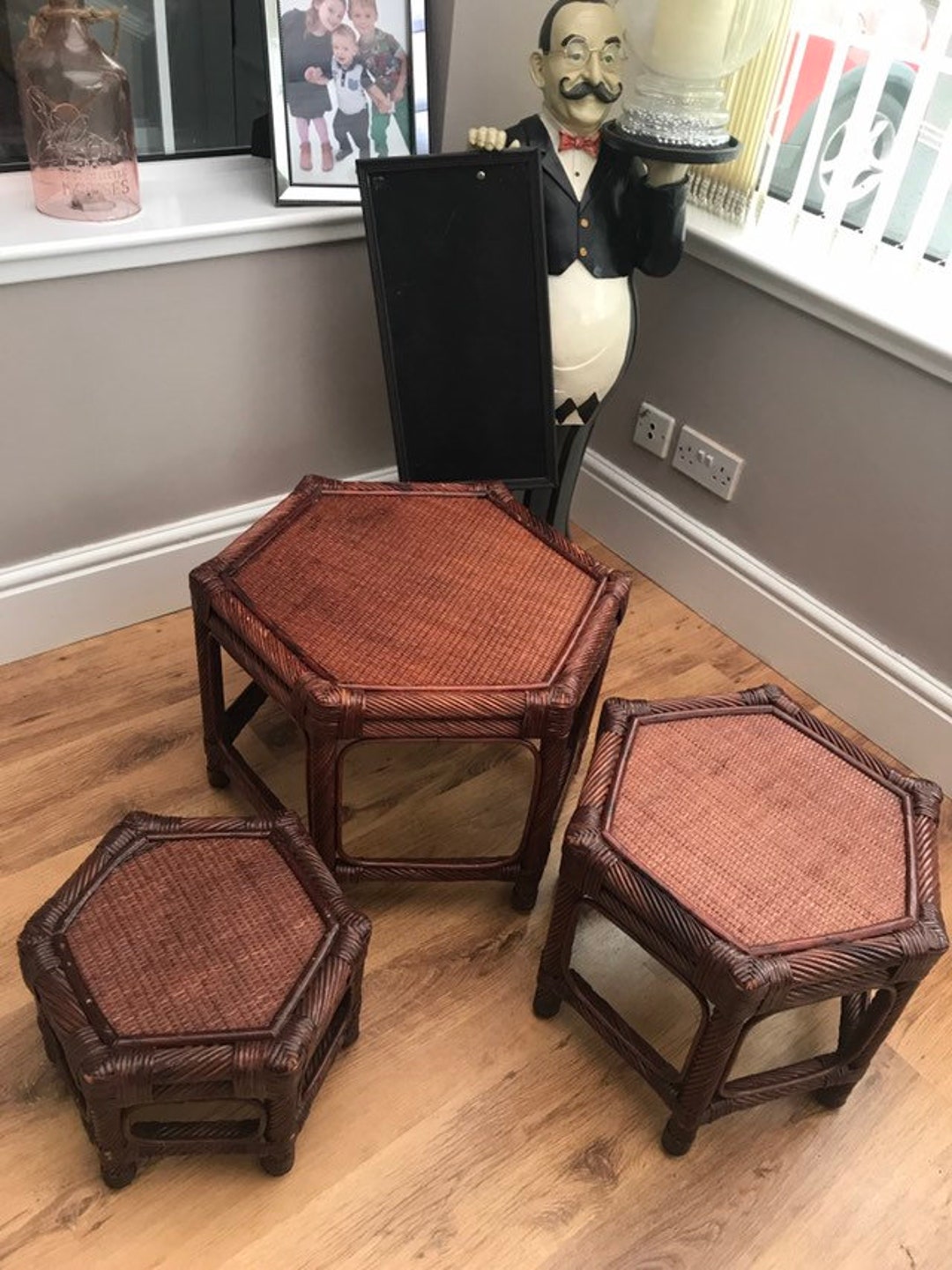 Vintage Rattan Nesting Tables, Rattan Hexagonal Tables, MCM Tables