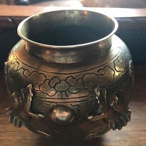 Antique Brass Signed Chinese Dragon Bowl, Jardiniere, Planter. Incense Jar