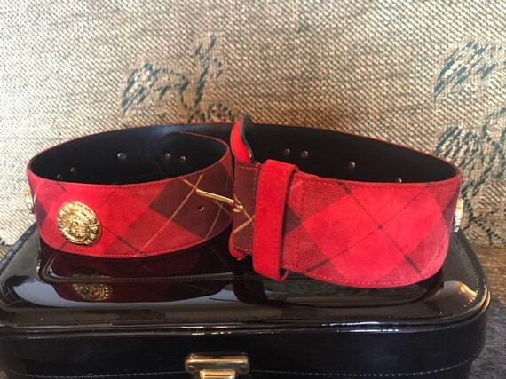 Vintage Escada Red Tartan Suede Belt, Designer Be… - image 5