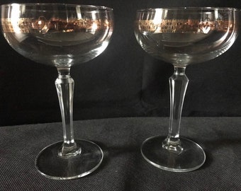 Vintage Pair Of Champagne Glasses, Coupe Bowls, Gold Gilt Cocktail Glasses, Gold Gilt Champagne Glasses