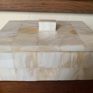 Puede incluir: Una caja rectangular blanca con una tapa con bisagras. La caja está hecha de pequeñas baldosas blancas dispuestas en un patrón de tablero de ajedrez. La tapa tiene un pequeño pomo blanco en la parte superior.