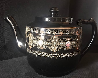 Antique Black Gibson Staffordshire England Tea Pot, Jackfield Ware