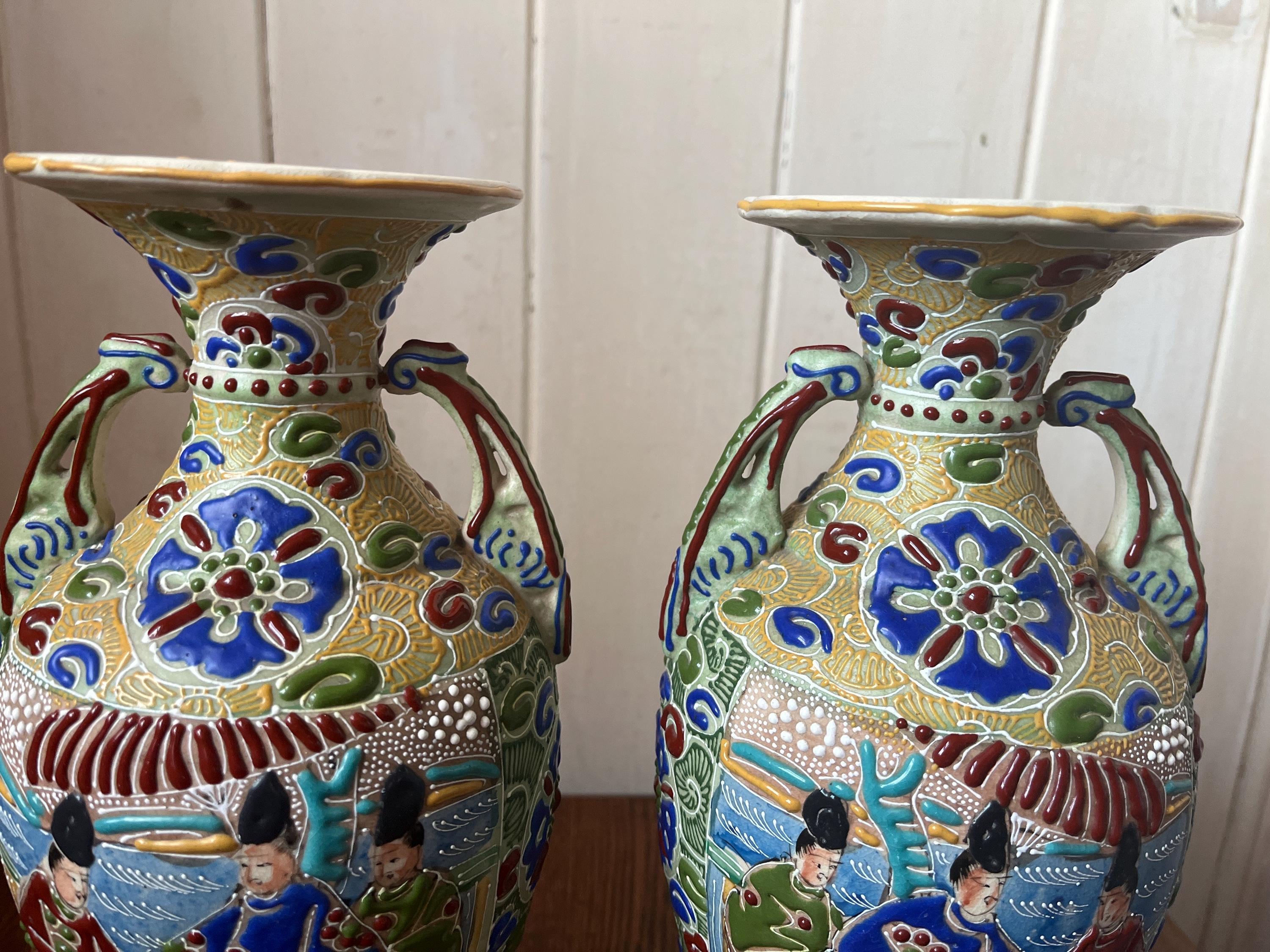 Antique Japanese Satsuma Moriage Vases, Pair of Moriage Vases