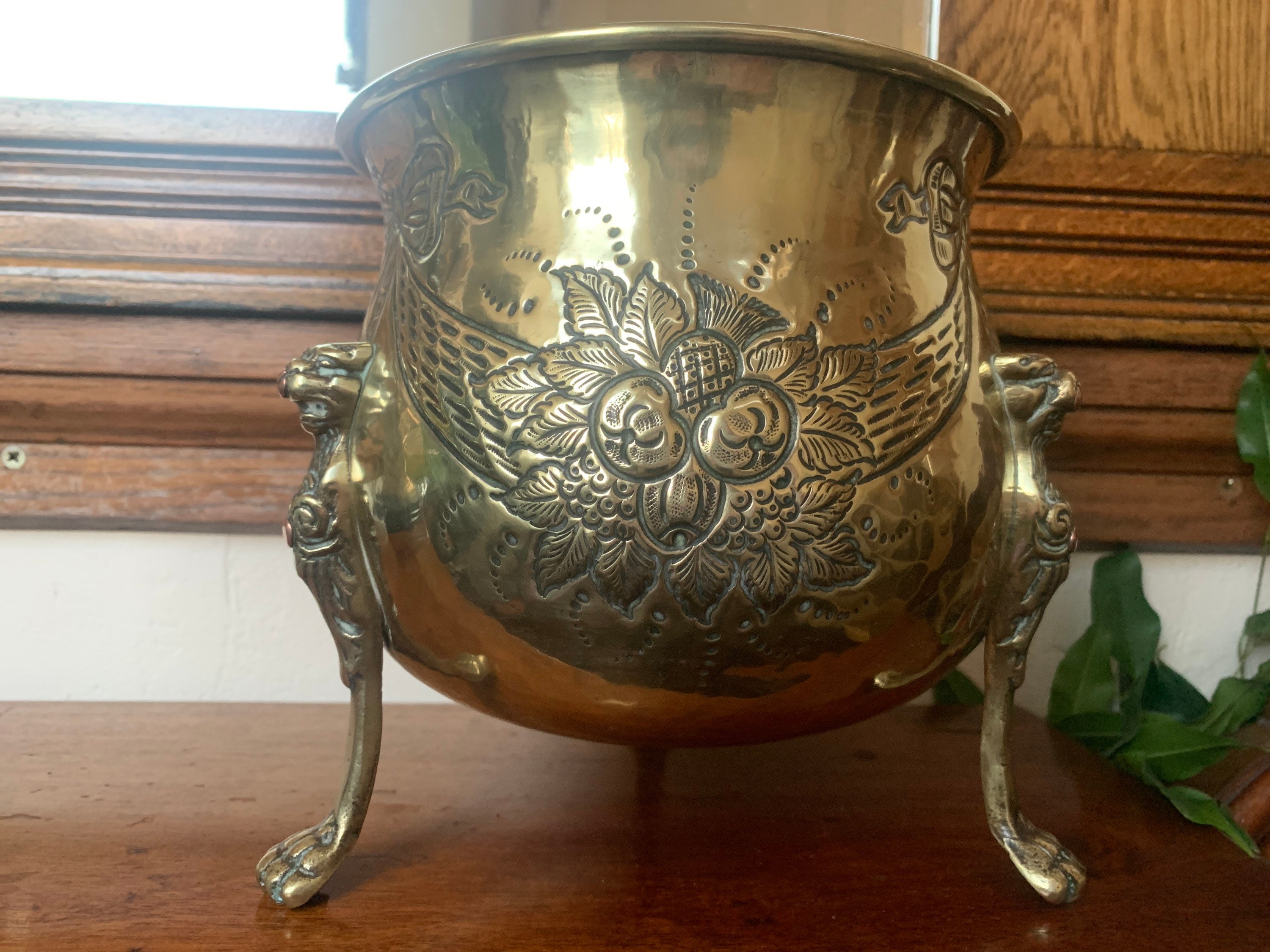 Antique Brass Repouse Jardiniere Lion Paw Planter