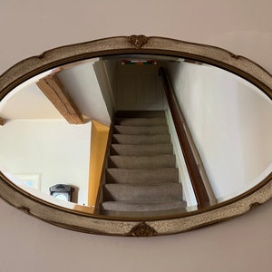 MCM Mirror Hand Painted : Cream & Gold Hollywood Regency Style Oval Wooden Mirror