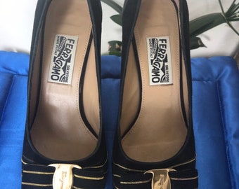 Salvatore Ferragamo Designer Black Suede Leather And Gold Thread Shoes, Pumps, Slip Ons