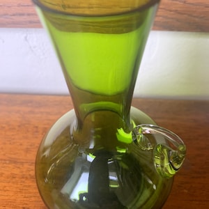 Vintage Olive Green Carafe, Small Green & Clear Glass Carafe, Vintage Small Green Carafe