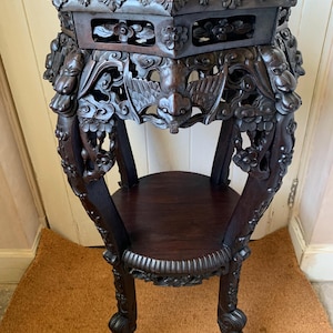 Antique Carved Hard Wood Plant Stand, Chinese Carved Wood Plant Stand, Antique Chinese Table, Oriental Carved Table. Ornate Marble Top Stand
