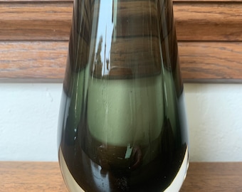 Vintage MCM Green Cased Art Glass Vase, Green Cased Art Glass Vase. Retro Green Art Glass Vase, Scandinavian Style Green Vase