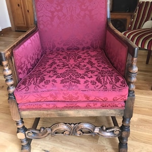 Antique Victorian Red Damask, Oak Wood Armchair