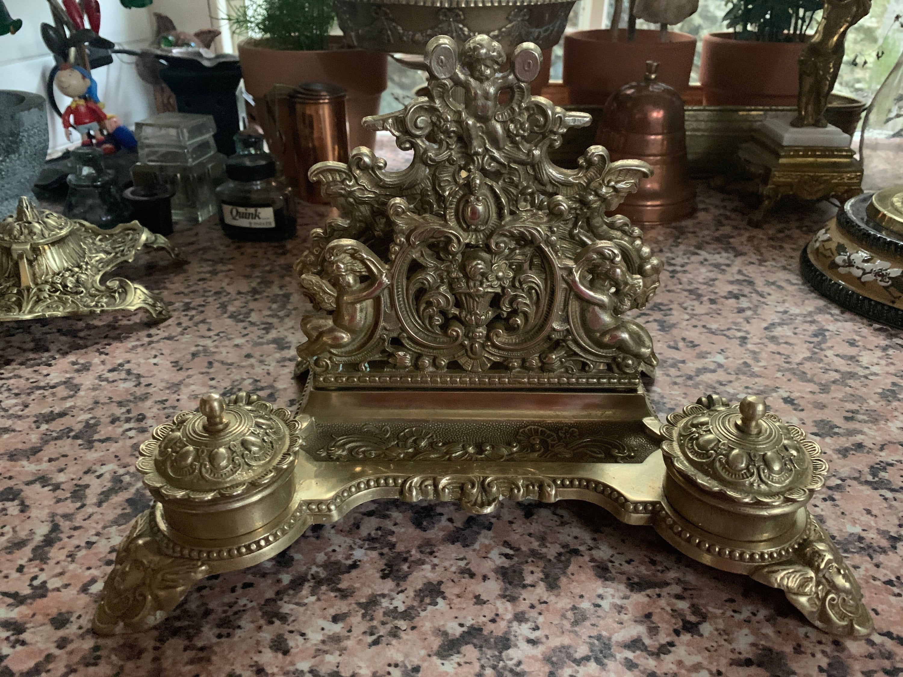 Vintage Ornate Brass Double Inkwell, Letter Rack, Desk Tidy