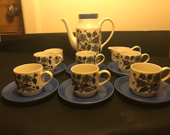Vintage Midwinter MCM Jessie Tait Coffee Set, MCM Jessie Tait Blue & White Coffee Set, Vintage 11 Piece Coffee Set, Jessie Tait