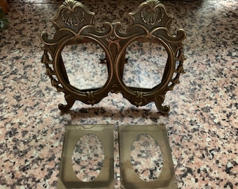 Art Nouveau Solid Brass Double Photo Frame, Picture Frame, Solid Brass Picture Frame, Antique Brass Photo Frame, Antique Brass Frame