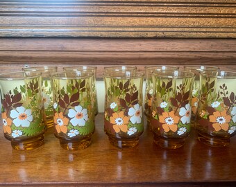 Vintage MCM Amber Water / Lemonade Glasses, Set Of 10 Vintage Amber Water Glasses, Amber Lemonade Glasses, Libby Floral Glasses