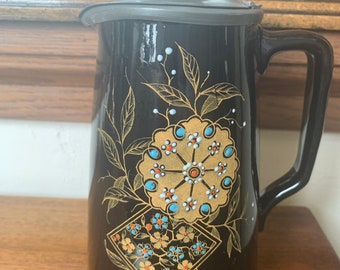 アンティーク ジャックフィールド 黒釉陶器 水差し：ピューター蓋付き