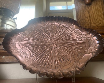 Bandeja de servicio de cobre Art Nouveau Repousse, bandeja de cobre antigua, bandeja Repousse Art Nouveau, bandeja antigua, bandeja Art Nouveau