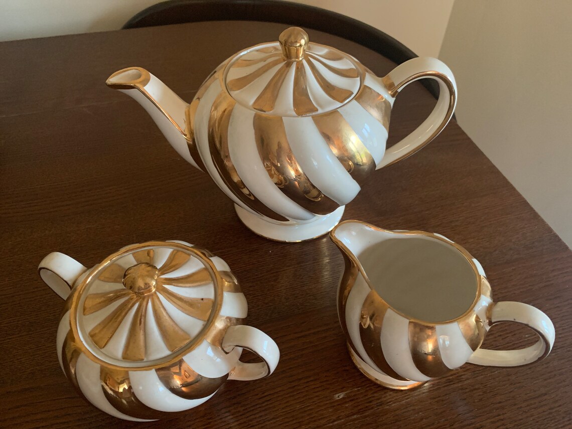 Sadler Tea Set Vintage Sadler Gold and Cream Candy Stripe Teapot Sugar & Cream ...
