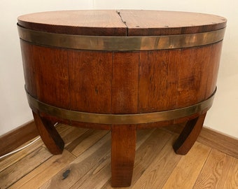 Antique Golden Oak Barrel Wine/Cocktail Bar, Antique Oak Barrel Spirit Bar, 1930s Oak Barrel Table, Sewing Box