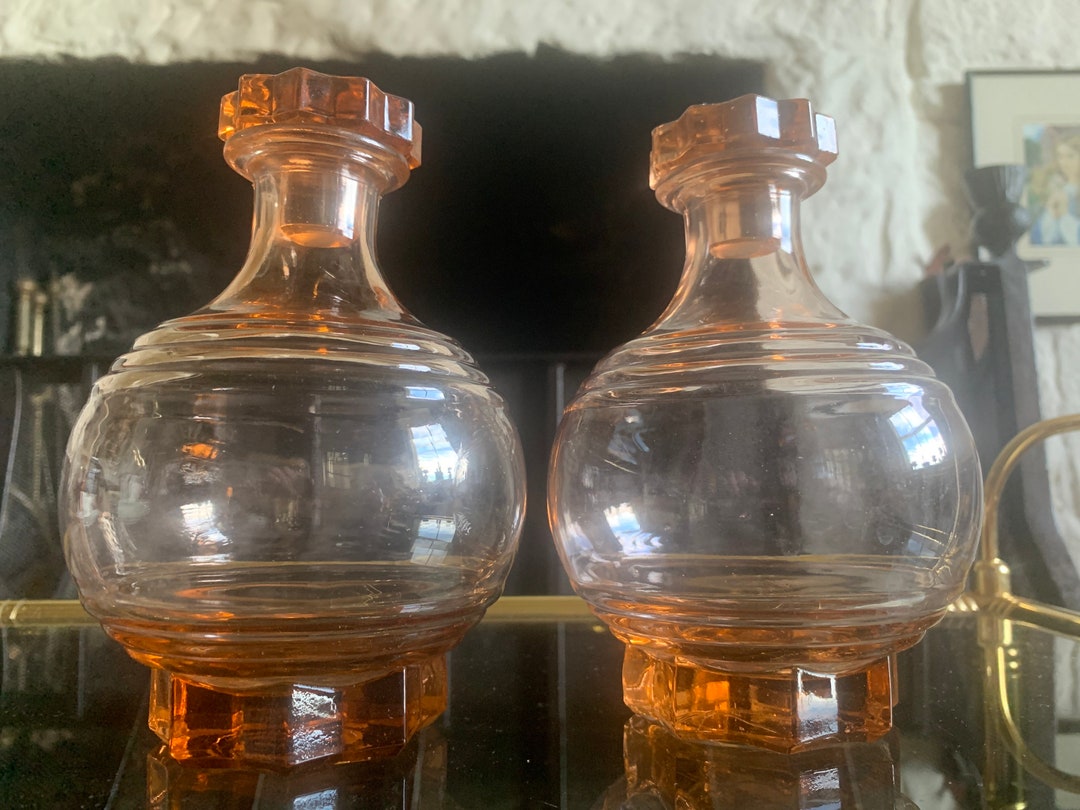 French Pair Peach Decanters Vintage French Peach Glass Decanters