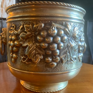 Könnte beinhalten: Ein messingfarbener Metallpflanztopf mit einem detaillierten Reliefdesign aus Trauben und Blättern. Der Pflanztopf hat eine runde Form mit einem dekorativen Rand und Löwenkopfgriffen. Der Pflanztopf steht auf einer Holzoberfläche.