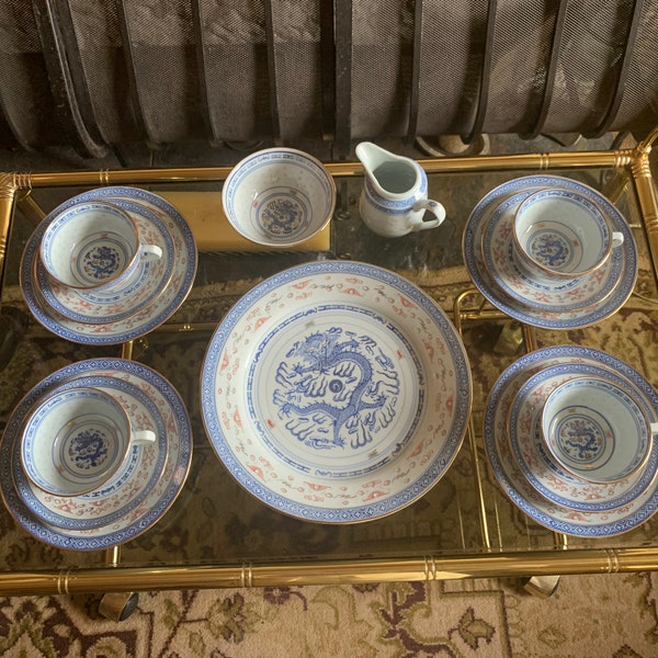 Vintage Blue And White Chinese Tea Set, Chinese Blue And White Rice Grain Dragon Tea Set, Vintage Chinese Porcelain