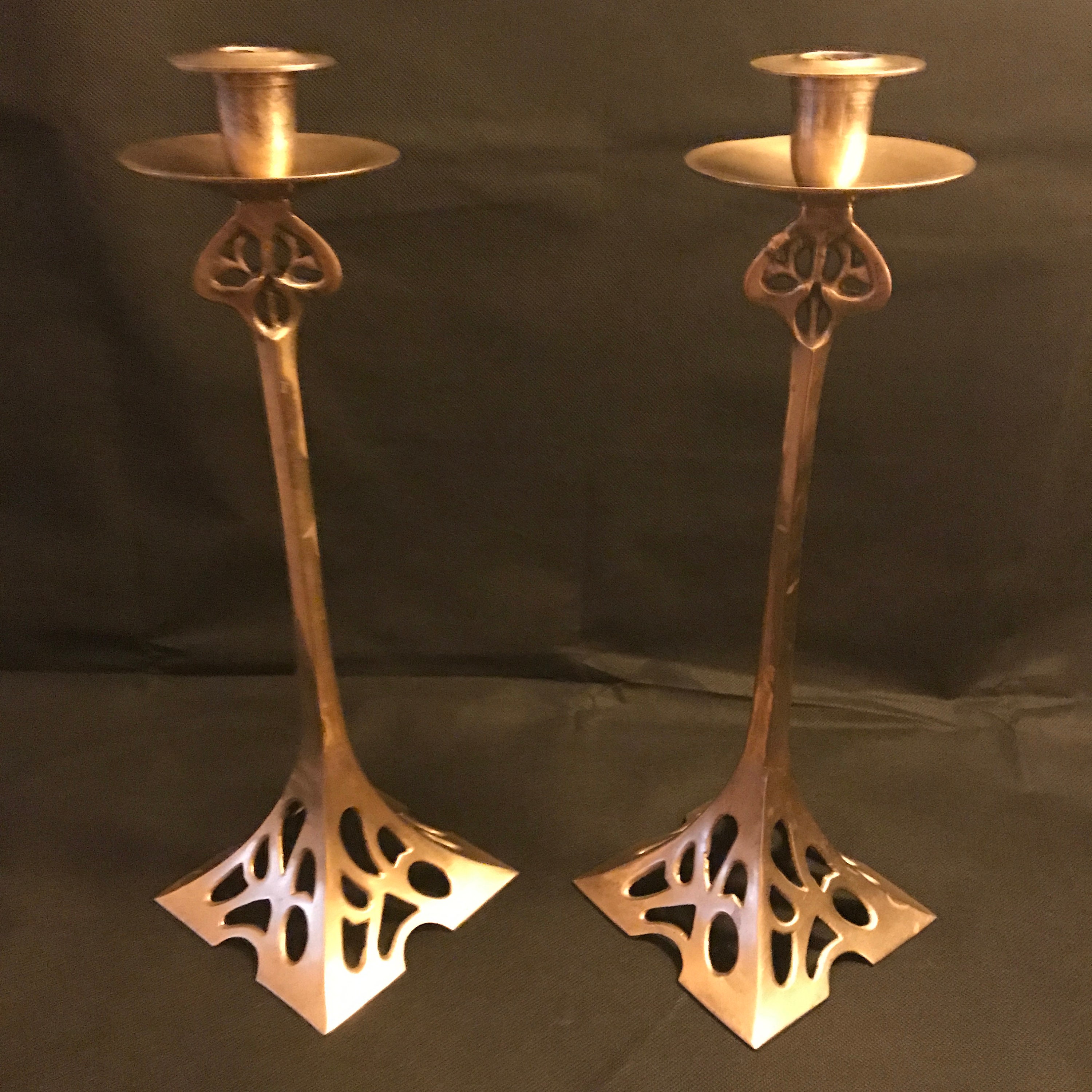 Art Nouveau 19th Century Brass Candle Holders, Art & Crafts Candle