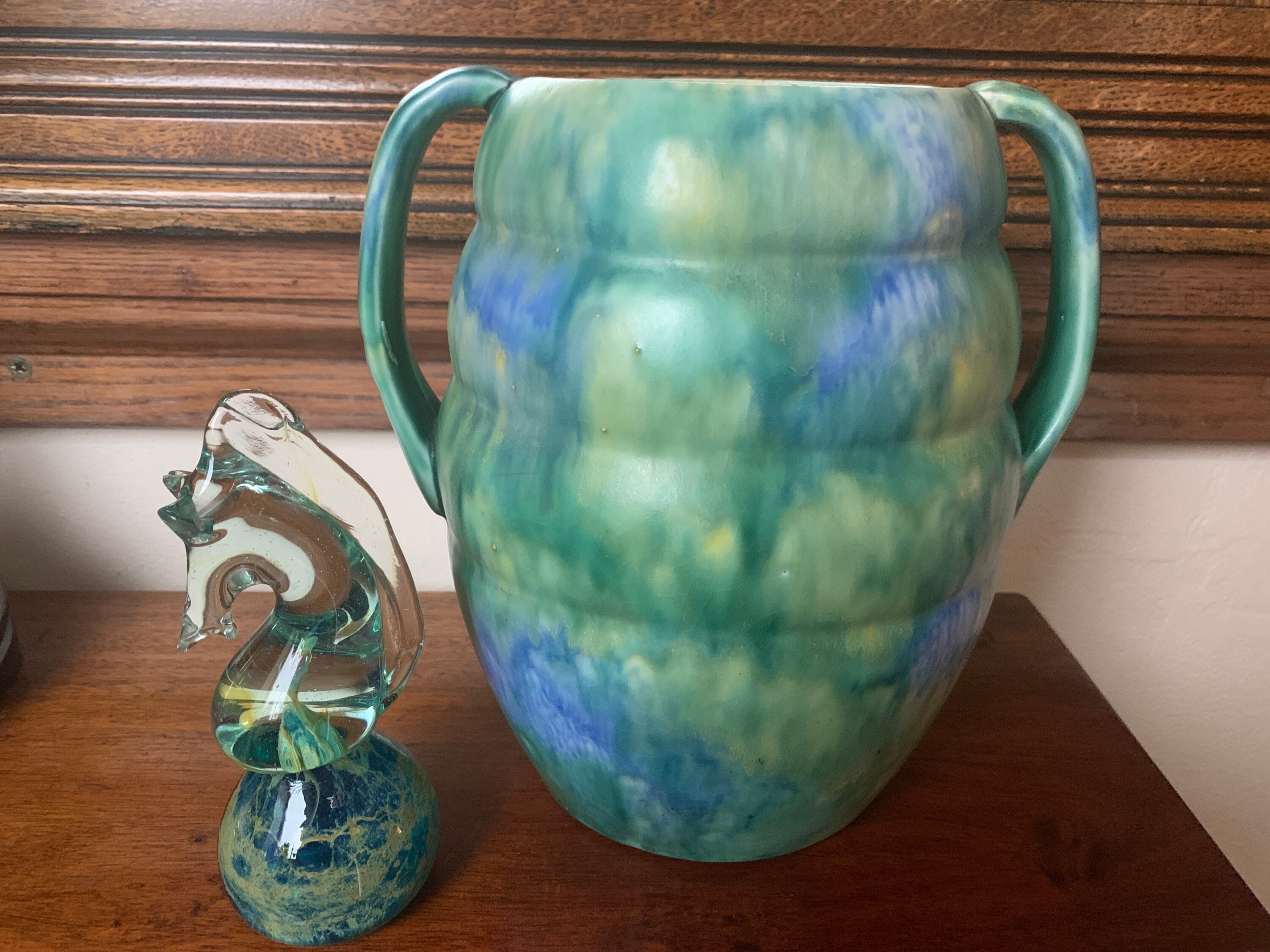 Art Deco Green Pottery Vase Two Handled Art Deco Vase Empire Etsy