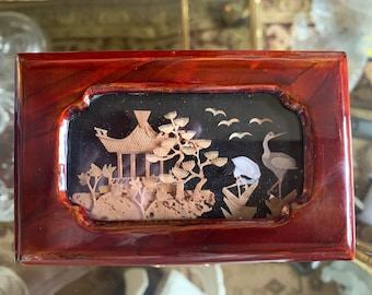 Vintage Chinese Lacquered Handmade Trinket Box, Chinese Trinket Box, Lacquered Jewel Box, Chinese Cork Art Box