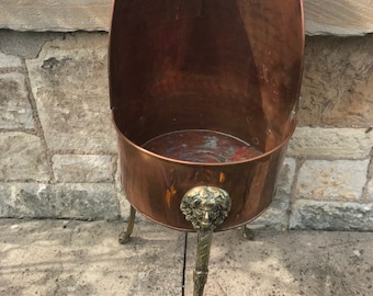 Antique Copper & Brass Green Man Jardiniere, Copper Lion Paw Coal Scuttle, Arts And Crafts Plant Stand, Copper Display Stand