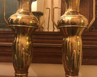 Antike Jugendstil Messing Vasen, Edwardian Massiv Messing Vasen, Messing Urnen Vasen